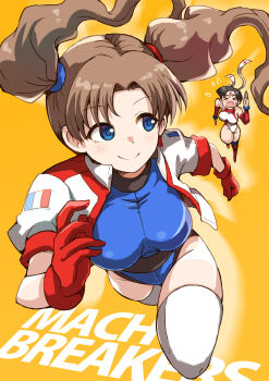 &gt;_&lt; 2girls athletic_leotard black_hair blue_eyes blue_leotard breasts brown_hair character_name closed_eyes copyright_name crossover gloves headband heattech_leotard highres jacket kotobuki_makoto leotard long_hair looking_back mach_breakers multiple_girls numan_athletics red_gloves red_thighhighs running satomura_kyou sharon_les_halles short-sleeved_jacket short_hair short_sleeves simple_background sleeveless sleeveless_turtleneck smile thighhighs thighs turtleneck twintails white_jacket white_leotard white_thighhighs wind wind_lift yellow_background