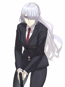 Rule 34 | 1girl, ak-15 (girls&#039; frontline), asakiri koko, belt, black jacket, black pants, blazer, commentary request, girls&#039; frontline, glaring, grey hair, gun, hair over one eye, handgun, highres, holding, holding gun, holding weapon, jacket, long hair, necktie, pants, purple eyes, red necktie, simple background, solo, weapon, white background