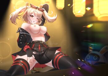 1girl artist_name belt black_jacket black_skirt black_thighhighs blonde_hair blush breasts burnice_white eyewear_on_head highres jacket keipup kneeling lantern large_breasts looking_at_viewer navel nipples one_eye_closed open_mouth orange-tinted_eyewear panties pantyshot paper_lantern red-tinted_eyewear red_eyes skirt solo spiked_belt spiked_jacket sunglasses teeth thigh_belt thigh_strap thighhighs tinted_eyewear twintails underwear upper_teeth_only zenless_zone_zero
