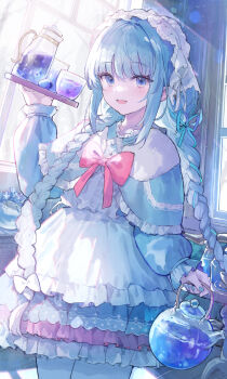 1girl apron arl blue_dress blue_eyes blue_hair blush bow breasts commentary cup dress headdress highres holding holding_kettle holding_tray kettle long_hair long_sleeves looking_at_viewer open_mouth original pink_bow pitcher_(container) smile solo symbol-only_commentary tray very_long_hair white_apron