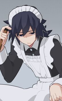 1boy absurdres alternate_costume apron black_hair black_shirt closed_mouth crossdressing crossdressing_(mtf) grey_background half-closed_eyes hand_up highres kimetsu_no_yaiba looking_at_viewer low_ponytail maid maid_apron maid_headdress male_focus ponytail shirt simple_background solo spiked_hair tomioka_giyuu watawata1126