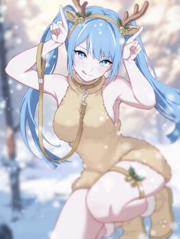 Rule 34 | 1girl, absurdres, animal collar, animal costume, animal ear hairband, animal ears, arahashi tabi, blue eyes, blue hair, blurry edges, breasts, brown collar, brown hairband, brown sweater, closed mouth, collar, commentary request, dress, fake animal ears, fake antlers, full body, hairband, hands up, highres, korean commentary, large breasts, leash, looking at viewer, multicolored hair, outdoors, parted bangs, reindeer costume, sideboob, sleeveless, sleeveless sweater, snowing, solo, stellive, streaked hair, sweater, sweater dress, thigh strap, tongue, tongue out, twintails, virtual youtuber, wabtteong