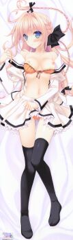 1girl absurdres black_thighhighs blonde_hair blue_eyes blush bow bra bra_pull braid breasts clothes_lift clothes_pull dakimakura_(medium) est_gealach_arnotts female_focus full_body hair_bow highres huge_filesize long_hair long_sleeves looking_at_viewer navel nipples no_shoes off-shoulder_shirt off_shoulder panties puffy_nipples school_uniform shirt skirt skirt_lift solo suzuhira_hiro thighhighs tsuki_ni_yorisou_otome_no_sahou_2 underwear yellow_bra yellow_panties