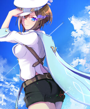 Rule 34 | 1girl, animal ears, blue eyes, blush, breasts, brown hair, cheval grand (grand itineraire) (umamusume), cheval grand (umamusume), ear covers, ears through headwear, hair between eyes, hashtag-only commentary, hat, hat belt, highres, horse ears, horse girl, horse tail, long hair, looking at viewer, multicolored hair, peaked cap, simple background, smile, solo, streaked hair, tail, taniko shanokoya, umamusume, white hair, white hat