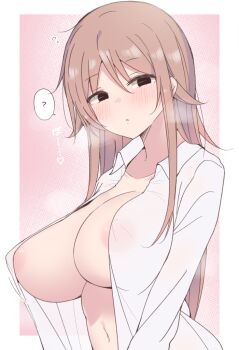 1girl :o ? areola_slip black_eyes blush border breasts brown_hair commentary_request empty_eyes hidarite_no_hoosoku_(tdog) huge_breasts jikkyou_powerful_pro_yakyuu kirishima_rena long_hair mind_control naked_shirt navel open_clothes open_shirt outside_border power_pro-kun_pocket power_pro-kun_pocket_7 shirt solo sound_effects spoken_question_mark steaming_body upper_body white_border white_shirt