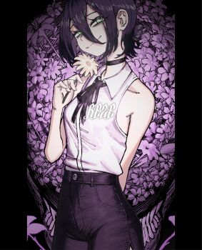 1girl absurdres black_choker black_ribbon bomb_devil_(chainsaw_man) chainsaw_man choker collared_shirt commentary flower green_eyes haruchan highres holding holding_flower medium_hair neck_ribbon purple_hair purple_shorts reze_(chainsaw_man) ribbon shirt shirt_tucked_in shorts sleeveless sleeveless_shirt smile solo symbol-only_commentary white_flower white_shirt