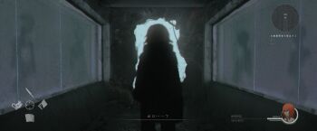 1girl absurdres asteroid_ill blood blood_on_clothes blood_on_face character_name fake_screenshot from_behind heads-up_display health_bar highres indoors minimap optic_nerve_(asteroid_ill) original ruins scenery solo standing static translation_request user_interface