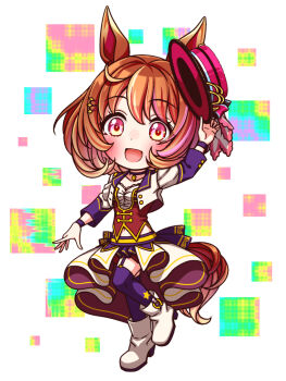 1girl animal_ears blush boater_hat bodice boots breasts brown_eyes brown_hair chibi chibi_only choker collarbone commentary_request corset cropped_jacket full_body garter_straps hair_between_eyes hair_ornament hairclip hat highres holding holding_unworn_clothes holding_unworn_hat horse_ears horse_girl horse_tail jacket long_sleeves looking_at_viewer medium_hair midriff_peek multicolored_hair navel north_flight_(umamusume) open_mouth overskirt pendant_choker pink_hair purple_choker purple_garter_straps purple_thighhighs red_corset red_shorts shirt shorts small_breasts smile solo standing standing_on_one_leg star_(symbol) starting_future_(umamusume) streaked_hair sugimotty_nova tail thighhighs umamusume unworn_hat unworn_headwear white_boots white_jacket white_shirt wristband