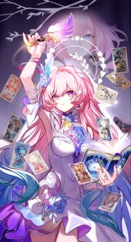 1girl absurdres aglaea_(honkai:_star_rail) anaxa_(honkai:_star_rail) arm_up armpits as_i've_written_(honkai:_star_rail) book breasts card castorice_(honkai:_star_rail) cerydra_(honkai:_star_rail) cipher_(honkai:_star_rail) cyrene_(demiurge)_(honkai:_star_rail) cyrene_(honkai:_star_rail) cyrene_(philia093)_(honkai:_star_rail) dan_heng_(honkai:_star_rail) dan_heng_(permansor_terrae)_(honkai:_star_rail) diamond-shaped_pupils diamond_(shape) dress evernight_(honkai:_star_rail) highres holding holding_book holding_quill honkai:_star_rail honkai_(series) hyacine_(honkai:_star_rail) hysilens_(honkai:_star_rail) large_breasts long_hair march_7th_(honkai:_star_rail) mydei_(honkai:_star_rail) open_book phainon_(honkai:_star_rail) pink_hair purple_eyes quill ruosnow solo symbol-shaped_pupils tarot tarot_card trianne_(honkai:_star_rail) tribbie_(honkai:_star_rail) trinnon_(honkai:_star_rail) very_long_hair white_dress