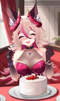 Rule 34 | 1girl, animal ears, bead bracelet, beads, bracelet, cake, cat ears, closed eyes, collar, colored inner hair, commentary, ed1martinez, english commentary, facing viewer, food, fork, fruit, gold bangle, highres, holding, horns, indie virtual youtuber, jewelry, leotard, long hair, mole, mole above mouth, multicolored hair, open mouth, pink leotard, plate, red horns, red streaks, see-through cleavage, see-through clothes, solo, spiked collar, spikes, strawberry, streaked hair, veliful (vtuber), virtual youtuber