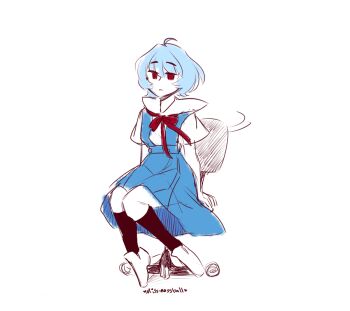 1girl ahoge animated animated_gif artist_name ayanami_rei black_socks blue_dress blue_hair bow bowtie chair commentary dress english_commentary full_body kneehighs looping_animation miss_mossball neon_genesis_evangelion office_chair on_chair pinafore_dress red_bow red_bowtie red_eyes sailor_collar school_uniform shirt short_hair simple_background sitting sleeveless sleeveless_dress socks solo spinning swivel_chair tokyo-3_middle_school_uniform white_background white_footwear white_sailor_collar white_shirt