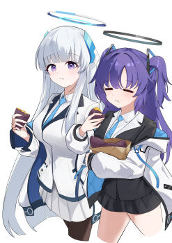 2girls :t =_= absurdres arm_under_breasts bag black_halo black_pantyhose black_skirt black_suit blue_archive blue_necktie blunt_bangs blunt_ends blush closed_eyes closed_mouth collared_shirt commentary cowboy_shot cropped_legs eating eyes_visible_through_hair food food_on_face formal_clothes hair_between_eyes hair_intakes halo headgear highres hime_cut holding holding_bag holding_food jacket jacket_partially_removed long_hair long_sleeves looking_at_viewer mechanical_halo miniskirt multiple_girls necktie no_ra339 noa_(blue_archive) open_clothes open_jacket pantyhose pleated_skirt puffy_long_sleeves puffy_sleeves purple_eyes purple_hair roasted_sweet_potato school_uniform shirt side-by-side sidelocks simple_background skirt split_mouth straight_hair suit sweet_potato tareme two_side_up very_long_hair white_background white_hair white_halo white_jacket white_shirt white_skirt white_suit yuuka_(blue_archive)