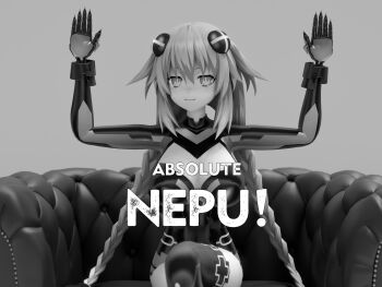 1girl 3d absolute_cinema_(meme) armchair braid breasts chair choujigen_game_neptune cleavage cleavage_cutout closed_mouth clothing_cutout covered_navel elbow_gloves english_text gloves greyscale hair_ornament hands_up highres impact_(font) leotard long_hair medium_breasts meds03 meme monochrome neptune_(neptunia) neptune_(series) on_chair power_symbol power_symbol-shaped_pupils purple_heart_(neptunia) solo symbol-shaped_pupils twin_braids upper_body
