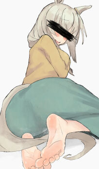 1girl ??!_(user_xkkz3255) animal_ears barefoot blush censored censored_identity feet grey_hair highres horse_ears horse_girl horse_tail long_hair looking_at_viewer looking_back oguri_cap&#039;s_mother_(umamusume) open_mouth soles steam tail toes umamusume