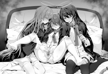 3girls anal_tail anus arknights blush butt_plug censored dildo egg_vibrator energy_wings exusiai_(arknights) fake_tail female_focus fff_threesome fingering full_body group_sex hair_between_eyes halo holding holding_sex_toy incest kataokasan lemuen_(arknights) long_hair lying mosaic_censoring mostima_(arknights) multiple_girls necktie no_horns official_alternate_costume official_alternate_hairstyle on_back on_bed open_clothes open_mouth open_robe pussy robe sex_toy shirt siblings sisters socks spread_legs spread_pussy tail thighhighs threesome trembling very_long_hair vibrator yuri
