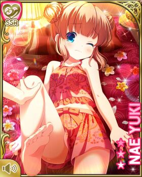 1girl bare_shoulders blue_eyes blush bow brown_hair card_(medium) character_name girlfriend_(kari) hair_bow indoors legs long_hair looking_at_viewer lying midriff official_art on_back one_eye_closed qp:flapper red_shirt red_shorts ribbon shirt shorts solo spa thigh_gap thighs two_side_up yuki_nae