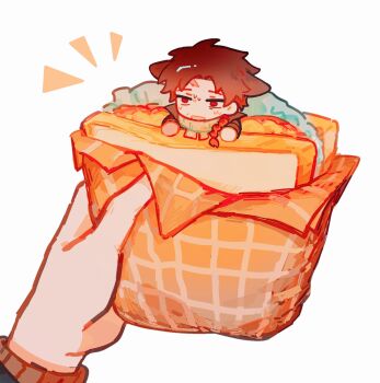 2boys animal_ears atou_haruki braid brown_hair brown_jacket chinese_commentary commentary_request food fox_ears green_scarf harada_minoru highres holding holding_food in_food jacket kemonomimi_mode long_sleeves male_focus mini_person miniboy multiple_boys notice_lines open_mouth radish_(xinjinjumin) red_eyes saibou_shinkyoku sandwich scarf side_braid simple_background single_braid solo_focus sweat white_background