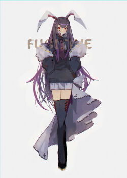Rule 34 | 1girl, absurdres, animal ears, bandaid, bandaid on face, black sweater, black thighhighs, blowing bubble gum, chewing gum, commentary request, full body, fur trim, hands in pockets, highres, jacket, long hair, looking at viewer, necktie, open clothes, open jacket, purple hair, rabbit ears, rabbit girl, red eyes, red necktie, reisen udongein inaba, shi chimi, skirt, solo, sweater, thighhighs, touhou, very long hair, white skirt, zettai ryouiki