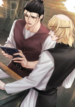 Rule 34 | 2boys, artist logo, badeni, belt, black belt, black eyes, black hair, black tabard, blonde hair, book, buttons, chi.: chikyuu no undou ni tsuite, commentary request, eyepatch, highres, holding, holding book, indoors, iorbtyn, logo, male focus, medium hair, multiple boys, oczy, open mouth, ponytail, scar, scar on face, scar on lip, scar on mouth, scar on nose, shirt, sideburns, sleeves pushed up, standing, tabard, tonsure, vest, white shirt, wooden wall