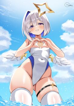 1girl absurdres alternate_costume amane_kanata angel angel_wings blue_hair blue_sky blush breasts cloud commentary_request covered_navel grey_hair hair_intakes halo heart heart_hands highres hololive inokeiwd looking_at_viewer medium_hair navel one-piece_swimsuit outdoors purple_eyes sky small_breasts smile solo star_halo swimsuit thighhighs virtual_youtuber wading water white_one-piece_swimsuit white_thighhighs wings