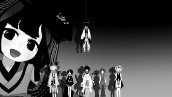 Rule 34 | 1boy, 6+others, androgynous, bare legs, bare shoulders, bow, bowtie, coat, coattails, collared shirt, detached sleeves, dice hair ornament, enraku tsubakura, eye of senri, faceless, gradient background, grey background, greyscale, hair ornament, hakama, hakama short skirt, hakama skirt, hanged, haori, hat, highres, indie virtual youtuber, jacket, japanese clothes, jinbei (clothes), jinbei (len&#039;en), leg ribbon, len&#039;en, long sleeves, monochrome, multiple others, neck ribbon, noose, official art inset, ofuda, ofuda on clothes, pants, puffy short sleeves, puffy sleeves, renlei jing shi wo ziji, ribbon, ribbon-trimmed coat, ribbon trim, sandals, scarf, see-through clothes, see-through jacket, senri haiji, senri tsurubami, shadow, shirt, short sleeves, shorts, skirt, sleeveless, sleeveless coat, sleeveless shirt, striped clothes, striped headwear, striped shirt, suicide, tabinoki kanae, tabinoki kanae (1st costume), tate eboshi, thighhighs, top hat, traditional bowtie, virtual youtuber, wide sleeves, xeno a, zemlja c tom, zouri, zuifeng tenkai