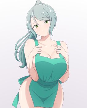 1girl :< apron bang_dream! bang_dream!_girls_band_party! bare_arms bare_shoulders breast_suppress breasts cleavage closed_mouth collarbone commentary cowboy_shot gradient_background green_apron green_eyes green_hair grey_background hands_up head_tilt high_ponytail highres hikawa_sayo large_breasts long_hair looking_at_viewer naked_apron ponytail raised_eyebrows ren_0_(044ren) sideboob solo standing