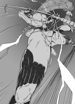 1girl armor arrow_(projectile) bodysuit breasts commentary_request drawing_sword elbow_gloves electricity fate/grand_order fate_(series) fingerless_gloves gloves greyscale highres holding holding_sword holding_weapon japanese_armor katana kote large_breasts long_hair minamoto_no_raikou_(fate) minew monochrome pelvic_curtain quiver ribbed_sleeves rope sheath solo sword tassel thick_thighs thighs unsheathing very_long_hair weapon