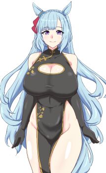 Rule 34 | 1girl, bare shoulders, black dress, black gloves, blue hair, blush, breasts, china dress, chinese clothes, cleavage, cleavage cutout, clothing cutout, commentary request, dress, gloves, highres, horse girl, large breasts, long hair, looking at viewer, mejiro ardan (umamusume), nishikaze (makaso17), smile, solo, umamusume