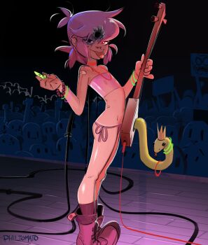 1girl absurdres bandaid bikini boots bracelet crowd cyborg_noodle_(gorillaz) female_focus flat_chest gorillaz highres holding holding_instrument instrument jewelry loli nipples noodle_(gorillaz) on_stage petite philtomato plectrum purple_hair see-through_clothes shamisen solo stage standing strapless swimsuit tagme tongue tongue_out tube_top