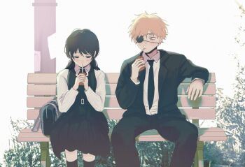 1boy 1girl bag belt bench black_hair black_pants blonde_hair blush chainsaw_man collared_shirt commentary denji_(chainsaw_man) dress dress_shirt drinking english_commentary eyepatch formal_clothes fourth_east_high_school_uniform highres jacket long_hair long_sleeves mitaka_asa neck_ribbon necktie open_clothes open_jacket pants piikopi pinafore_dress ribbon school_uniform shirt short_hair sitting sleeveless sleeveless_dress socks suit twintails