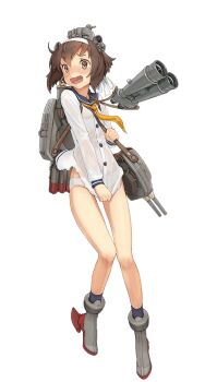 1girl binoculars blush brown_hair dress dress_tug full_body hair_ornament hairband high_heels kantai_collection long_sleeves official_art open_mouth panties radar_hair_ornament rigging rudder_footwear sailor_dress see-through_clothes ship_turret shizuma_yoshinori short_hair solo speaking_tube_headset tears third-party_source transparent_background underwear wavy_mouth white_panties yellow_eyes yukikaze_(final_battle)_(kancolle) yukikaze_(kancolle)