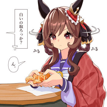 1girl animal_ears black_ribbon bow braid braided_hair_rings brown_hair closed_mouth ear_covers food fruit gentildonna_(umamusume) hair_ribbon hair_rings haori holding holding_food horse_ears horse_girl japanese_clothes kotatsu mandarin_orange nieto_tokage peeling purple_sailor_collar purple_shirt red_eyes red_haori ribbon sailor_collar school_uniform shirt sidelocks solo table tracen_school_uniform translation_request umamusume white_bow