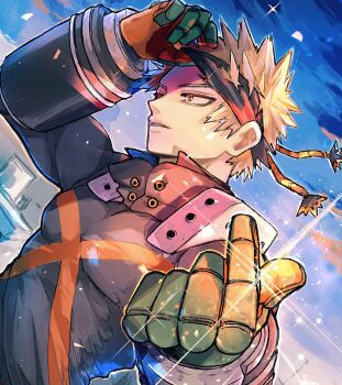 1boy arms_up bakugou_katsuki black_mask black_shirt blonde_hair boku_no_hero_academia collared_shirt commentary_request dutch_angle eye_mask gloves highres long_sleeves male_focus mask mask_lift multicolored_gloves orange_eyes outdoors parted_lips shirt short_hair solo spiked_hair superhero_costume upper_body yl_nui
