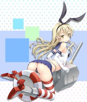 1girl ass bare_shoulders bent_over black_hairband black_panties blonde_hair blue_skirt blush boots breasts commentary commentary_request crop_top elbow_gloves from_behind full_body gloves green_eyes hair_between_eyes hairband high_heel_boots high_heels highleg highleg_panties highres iganseijin kantai_collection long_hair looking_at_viewer looking_back miniskirt open_mouth panties partially_visible_vulva pleated_skirt polka_dot polka_dot_background rensouhou-chan riding school_uniform serafuku shimakaze_(kancolle) skirt sleeveless small_breasts square striped_clothes striped_thighhighs thighhighs thighs underwear white_gloves