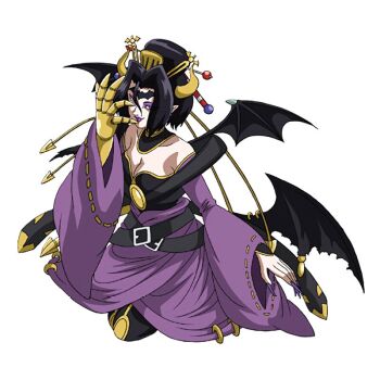 00s 1girl attack breasts claws cleavage demon_girl digimon digimon_(creature) digimon_xros_wars full_body hair_ornament kneeling lilithmon lipstick long_hair looking_at_viewer makeup mark_of_evil nail_polish official_art pointy_ears smile toei_company wings