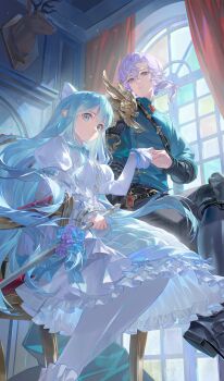 1boy 1girl absurdres aheuretokki arched_window armor belt black_belt black_boots black_pants blue_eyes blue_hair blue_shirt boots breasts brooch chair closed_mouth commentary_request commission curtained_hair curtains day double-parted_bangs dress floating_hair gem hair_between_eyes highres holding holding_sword holding_weapon indoors jewelry korean_commentary long_bangs long_hair long_sleeves looking_at_viewer medium_dress on_chair original pants pantyhose pauldrons pointy_ears purple_hair red_gemstone shirt shoulder_armor single_pauldron sitting sword taxidermy very_long_hair weapon white_dress white_pantyhose window