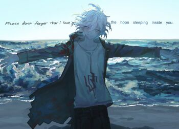 1boy beach belt black_belt black_pants coat commentary cowboy_shot crew_neck danganronpa_(series) danganronpa_2:_goodbye_despair english_commentary english_text green_coat grey_eyes grin hair_between_eyes highres komaeda_nagito long_sleeves male_focus mk_mikioo ocean open_clothes open_coat outdoors outstretched_arms pants print_shirt shirt sky smile solo teeth water white_hair