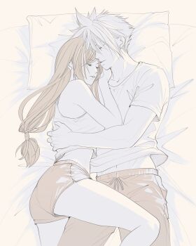 1boy 1girl bare_arms bare_legs bare_shoulders bed_sheet breasts closed_eyes cloud_strife commentary_request couple cuddling dolphin_shorts feet_out_of_frame final_fantasy final_fantasy_vii heads_together hetero highres hug large_breasts long_hair low-tied_long_hair lying midriff_peek mixmomo_yah on_back on_side parted_lips pillow shirt short_hair short_sleeves shorts sleeping spiked_hair tank_top thighs tifa_lockhart