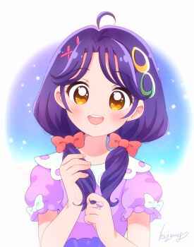 1girl artist_name bow commentary frilled_sleeves frills hair_bow hair_ornament hair_over_shoulder hairclip hands_in_own_hair kyanos_(b_0000ff) long_hair looking_at_viewer low_twintails open_mouth orange_eyes precure purple_hair purple_shirt red_bow shirt short_sleeves signature smile solo sparkle suzumura_sango tropical-rouge!_precure twintails upper_body x_hair_ornament
