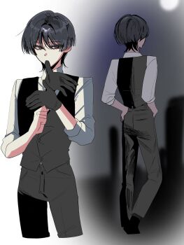 1boy adjusting_clothes adjusting_gloves alternate_costume black_eyes black_hair black_pants black_vest blunt_ends blurry blurry_background collared_shirt commentary_request contemporary cowboy_shot cropped_legs dress_pants dress_shirt eyelashes eyeliner eyeshadow facing_away formal_clothes full_body full_moon genshin_impact glove_in_mouth gloves hair_intakes hands_on_own_hips hands_up highres imagirl_0 korean_commentary looking_at_viewer makeup male_focus moon mouth_hold multiple_views open_hand pants red_eyeliner red_eyeshadow scaramouche_(genshin_impact) shirt solo three-quarter_sleeves tsurime undershirt vest white_shirt white_sleeves wing_collar