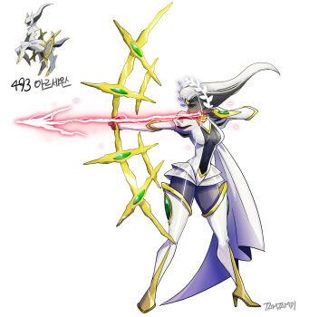 1girl arceus black_sclera black_skin boots bow_(weapon) center_opening colored_sclera colored_skin drawing_bow energy_arrow full_body gen_4_pokemon highres holding holding_bow_(weapon) holding_weapon legendary_pokemon long_hair mythical_pokemon nintendo personification pokemon pokemon_(creature) puff_and_slash_sleeves puffy_sleeves red_eyes reference_inset simple_background tamtamdi thigh_boots translated weapon white_background white_footwear white_hair