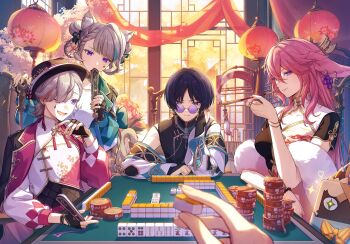 +_+ 2boys 2girls absurdres animal_ear_fluff animal_ears aoiro_oto bead_necklace beads black_gloves black_hair bracelet breasts cat_ears cat_girl chair china_dress chinese_clothes commentary detached_sleeves double_bun dress earrings english_commentary facial_mark fingerless_gloves flower fox_ears fox_girl genshin_impact gloves grey_hair hair_between_eyes hair_bun hair_over_one_eye hat heart highres holding holding_smoking_pipe hoyofair indoors jacket jewelry kirara_(cat)_(genshin_impact) kirara_(genshin_impact) kiseru lantern large_breasts long_hair long_sleeves looking_at_viewer lynette_(genshin_impact) lynette_(parallels_meet)_(genshin_impact) lyney_(genshin_impact) lyney_(parallels_meet)_(genshin_impact) mahjong mahjong_table mahjong_tile mixed-language_commentary multicolored_hair multiple_boys multiple_girls necklace off_shoulder official_art one_eye_closed open_clothes open_jacket open_mouth parted_lips pet_food pink_hair pov pov_hands red_flower ring round_eyewear scaramouche_(genshin_impact) short_sleeves sitting smoking_pipe sparkle star_(symbol) star_facial_mark streaked_hair table teardrop_facial_mark tree wanderer_(genshin_impact) wanderer_(parallels_meet)_(genshin_impact) wide_sleeves window yae_miko yae_miko_(parallels_meet)