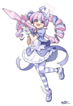 1girl :d absurdres ahoge back_bow blue_archive blush bow bowtie chinese_commentary commentary_request dated drill_hair earrings frilled_skirt frills full_body gloves hair_between_eyes hair_ornament halo highres holding holding_weapon jacket jewelry long_hair looking_at_viewer magical_girl multicolored_hair official_alternate_costume official_alternate_hairstyle open_mouth pantyhose pink_bow pink_hair pink_halo puffy_short_sleeves puffy_sleeves purple_bow purple_bowtie purple_eyes purple_hair purple_jacket purple_pantyhose purple_shoes reisa_(blue_archive) reisa_(magical)_(blue_archive) rocket_launcher rpg rpg-7 rpg_(weapon) shirt shoes short_sleeves signature simple_background skirt smile solo standing standing_on_one_leg star_(symbol) star_earrings star_hair_ornament star_halo striped_clothes striped_pantyhose tareme twin_drills twintails two-tone_hair v-shaped_eyebrows weapon white_background white_gloves white_shirt white_skirt white_wrist_cuffs wing_hair_ornament winged_shoes wings wrist_cuffs zfj