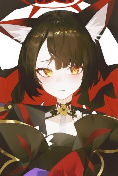 1girl animal_ear_fluff animal_ears black_hair blue_archive blush colored_inner_hair commentary_request eyeshadow fox_ears fox_girl halo highres long_hair looking_at_viewer makeup multicolored_hair portrait red_eyeshadow red_hair red_halo sla2h_help solo wakamo_(blue_archive) yellow_eyes