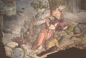 :3 bag bandaged_arm bandaged_foot bandaged_hand bandages blonde_hair blush book bud_(lom) cheese closed_eyes commentary covered_eyes dress english_commentary flower food frilled_neck_lizard golem green_vest hand_on_another&#039;s_head highres leaning_forward legend_of_mana lil&#039;_cactus lisa_(lom) lizard map mouse_(animal) mouse_hole orange_sweater parted_lips pointy_ears poster_(object) purple_hair rabite_(seiken_densetsu) red_dress red_vest rug seiken_densetsu shelf sitting sleeping sleeping_on_person smile solid_circle_eyes sweater table thorns toto_(lom) treasure_chest vest wooden_floor yozesou