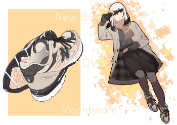 Rule 34 | 1girl, absurdres, black hair, black skirt, blunt bangs, brown coat, brown eyes, brown pantyhose, brown scarf, brown shoes, casual, coat, colored tips, commentary request, footwear focus, full body, gloves, grey gloves, grey shirt, highres, holding, jacket, jouhou, leg up, long sleeves, lying, medium hair, multicolored hair, new balance, on back, open clothes, open coat, pantyhose, parted lips, plaid clothes, plaid scarf, satsuki yomi, scarf, shirt, shoes, skirt, solo, toji no miko, white hair