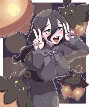 1girl @_@ black_eyes black_hair breasts earrings gen_1_pokemon ghost hex_maniac_(pokemon) hex_maniac_(pokemon_legends:_z-a) highres huge_breasts jewelry large_breasts long_hair long_sleeves mature_female nail_polish nintendo open_mouth pokemon pokemon_(creature) pokemon_legends:_z-a puffy_sleeves purple_nails purple_ribbon ribbon standing