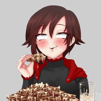 1girl black_dress blush brown_hair cape cookie covered_erect_nipples cum cum_drool cum_in_container cum_in_mouth cum_on_food cumdrip dress eating female_focus food frills gokkun grey_background grey_eyes holding holding_cookie holding_food nipples parted_lips red_cape rolling_eyes ruby_rose rwby simple_background solo tabletknight upper_body wavy_mouth