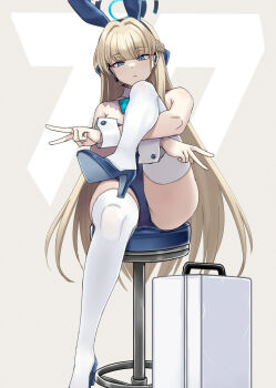 Rule 34 | 1girl, animal ears, bare arms, bare shoulders, blonde hair, blue archive, blue eyes, blue hair, blue hairband, blue halo, blue leotard, blue shoes, blush, commentary request, detached collar, double v, fake animal ears, hair ornament, hairband, halo, high heels, leotard, long hair, looking at viewer, minarai, multicolored hair, official alternate costume, official alternate hairstyle, parted lips, playboy bunny, rabbit ears, shoes, sitting, solo, streaked hair, thighhighs, thighs, toki (blue archive), toki (bunny) (blue archive), v, white thighhighs, wrist cuffs