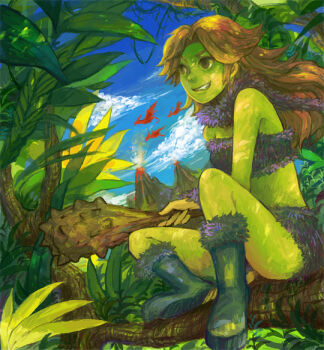 1girl ayla_(chrono_trigger) blonde_hair boots cavewoman chrono_trigger club_(weapon) fur_(clothing) fur_boots in_tree leaf long_hair pterosaur rinne_(maxbeat) sitting sitting_in_tree smile tree volcano weapon